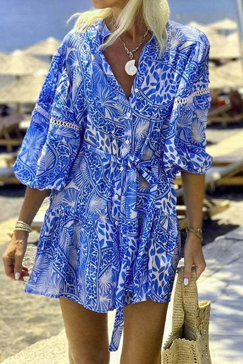 Robes-jupes décontractées à fleurs, à col mandarin, à lacets et taille haute, pour les vacances.