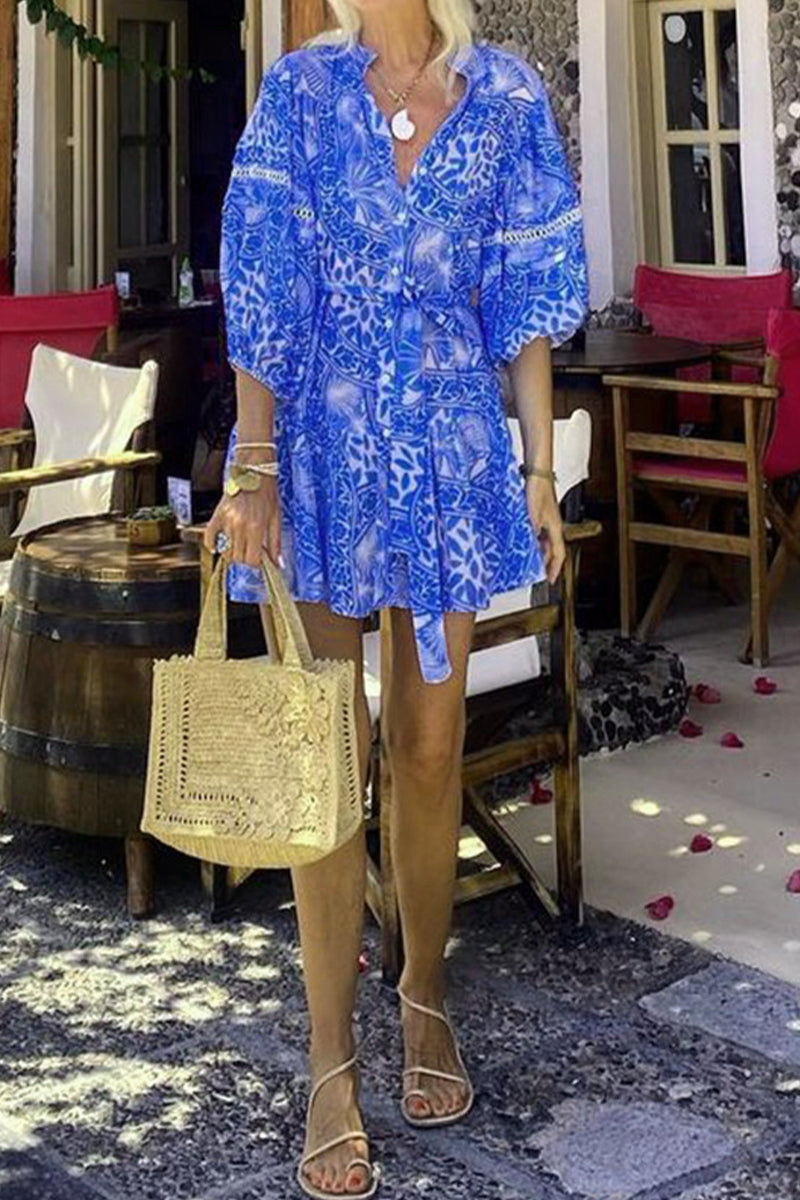 Robes-jupes décontractées à fleurs, à col mandarin, à lacets et taille haute, pour les vacances.