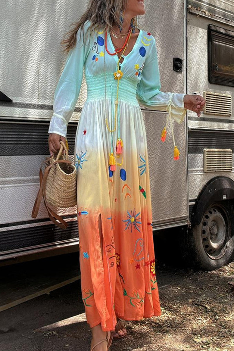 Robes A-line élégantes pour les vacances, imprimé floral, dégradé, fente, col en V contrasté.