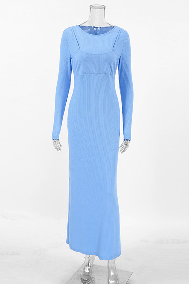 Robe-jupe trapèze élégante et décontractée, col rond, style deux pièces (simulé).