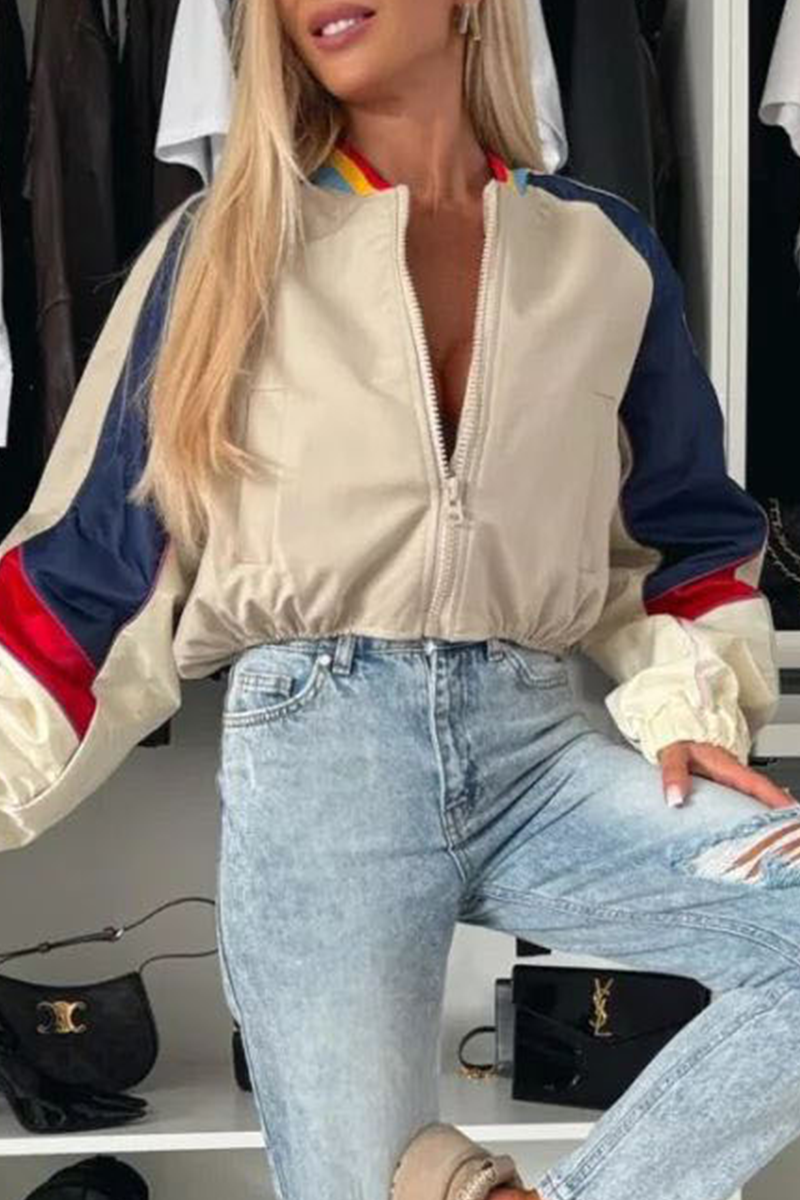 Vêtements d'extérieur décontractés, style streetwear, patchwork, colorblock, fermeture éclair, col mandarin contrasté.