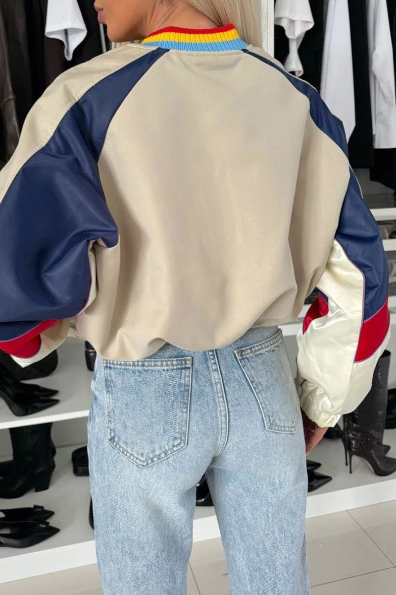 Vêtements d'extérieur décontractés, style streetwear, patchwork, colorblock, fermeture éclair, col mandarin contrasté.