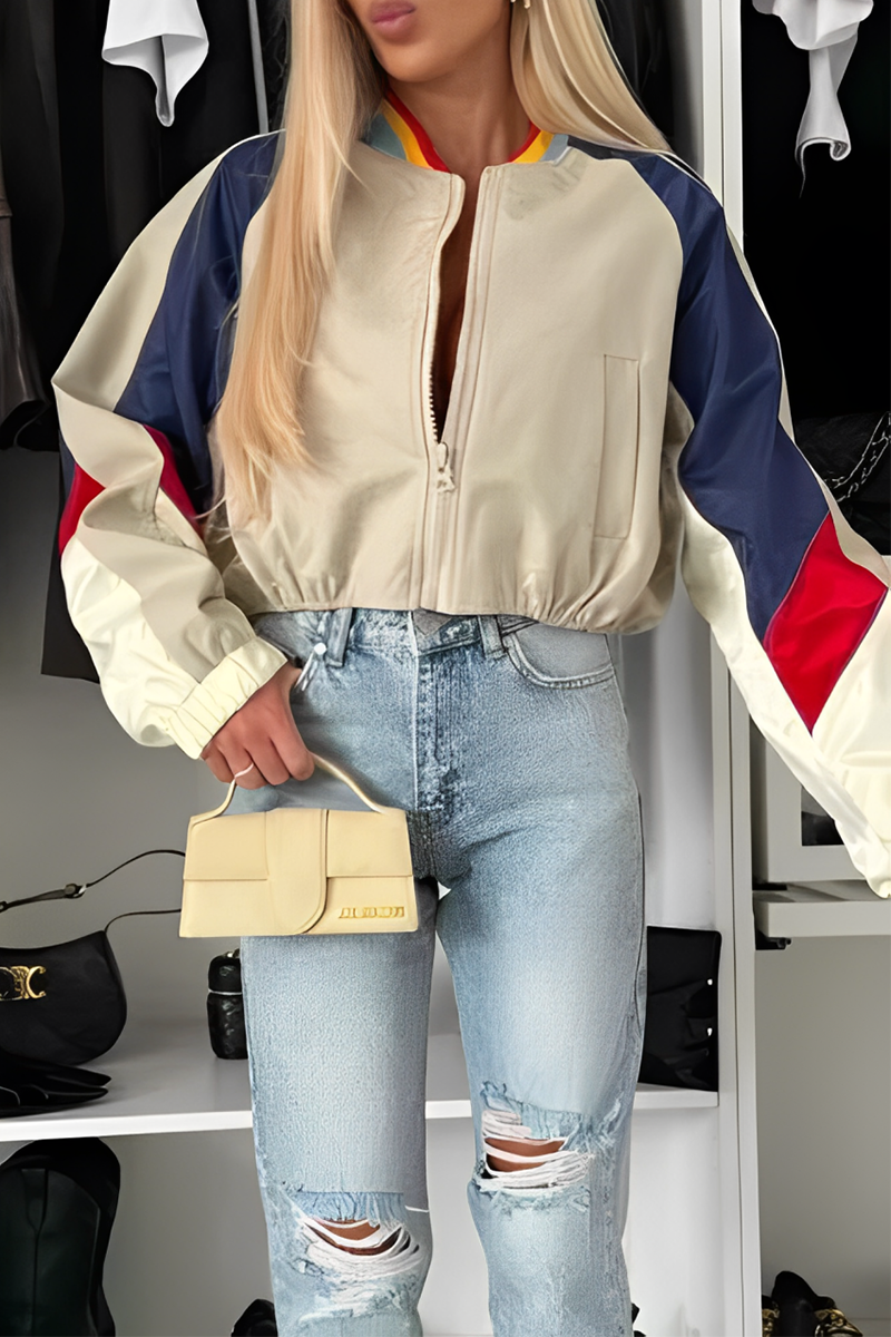 Vêtements d'extérieur décontractés, style streetwear, patchwork, colorblock, fermeture éclair, col mandarin contrasté.