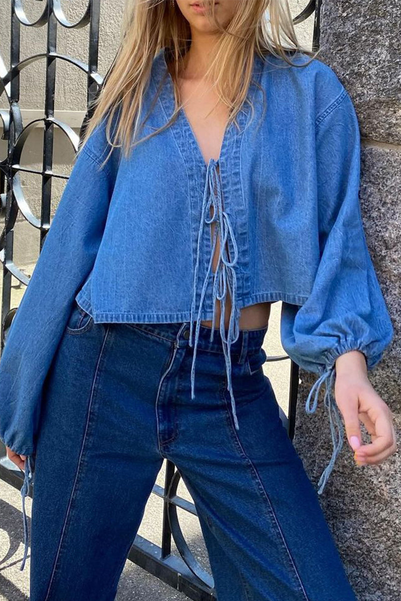 Vêtements d'extérieur décontractés, couleur unie, à lacets, avec col en V.