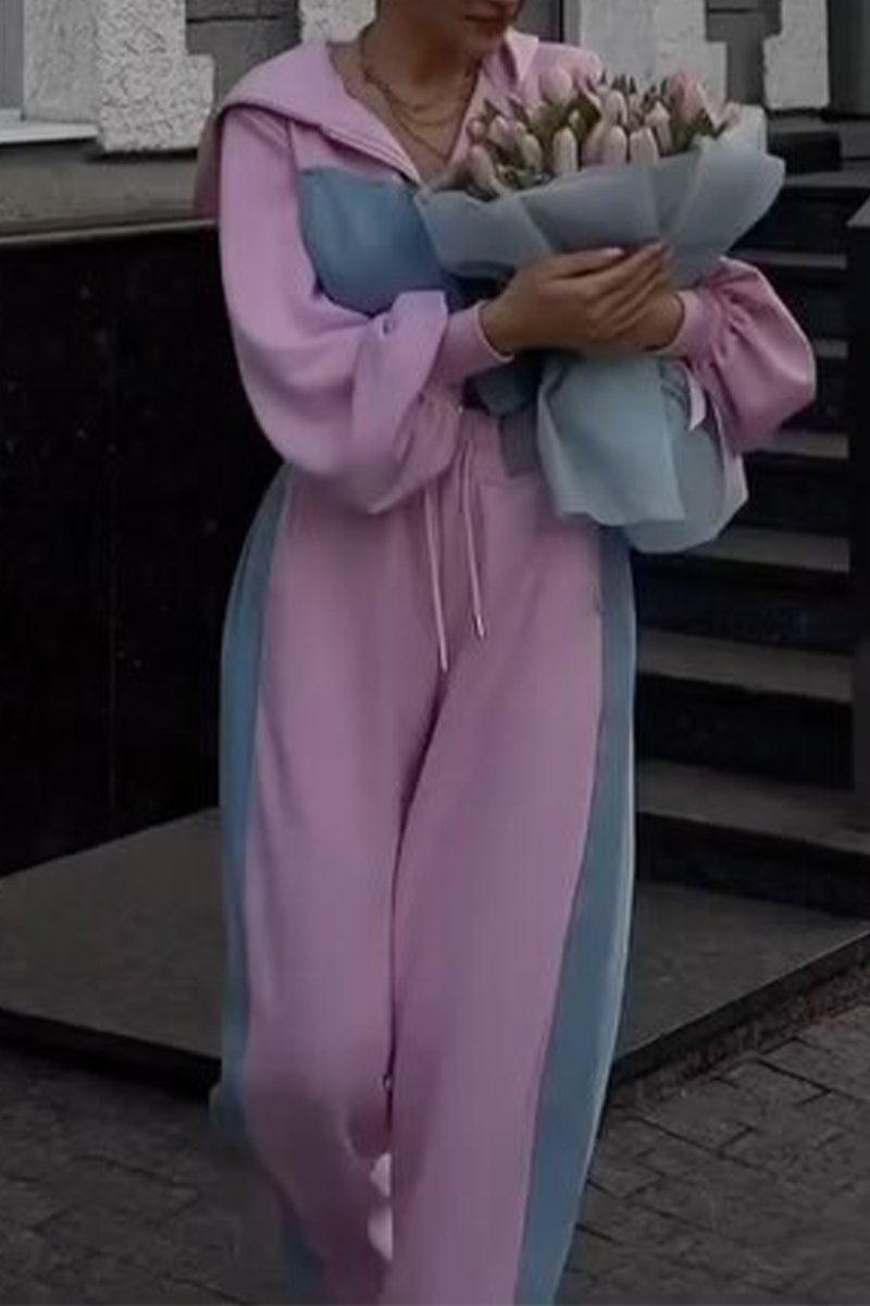 Ensemble deux pièces streetwear sport, patchwork, fermeture éclair, capuche contrastée, manches longues (3 couleurs)