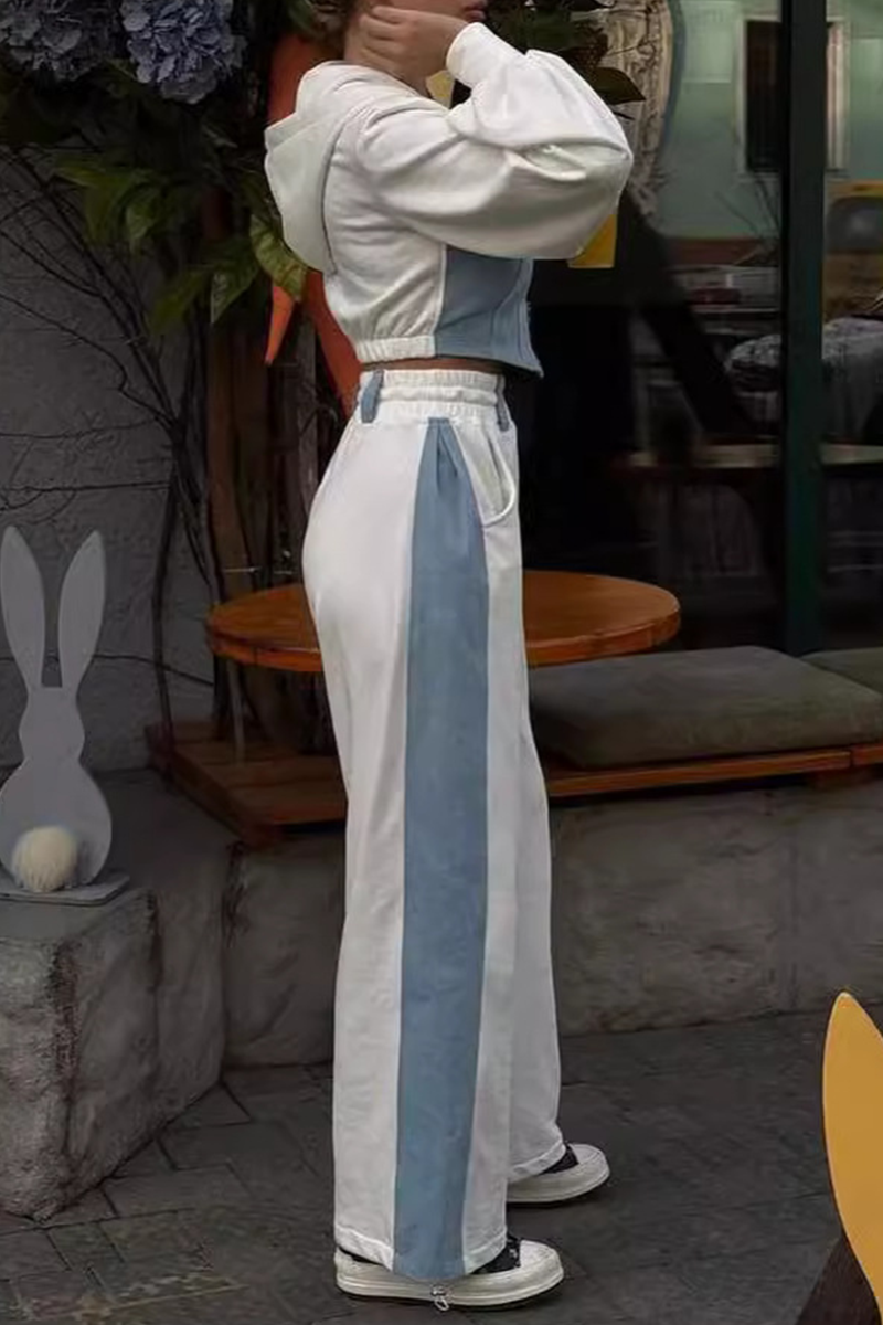 Ensemble deux pièces streetwear sport, patchwork, fermeture éclair, capuche contrastée, manches longues (3 couleurs)