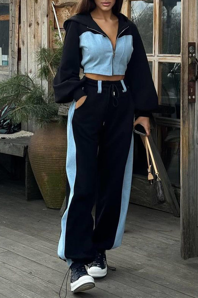 Ensemble deux pièces streetwear sport, patchwork, fermeture éclair, capuche contrastée, manches longues (3 couleurs)