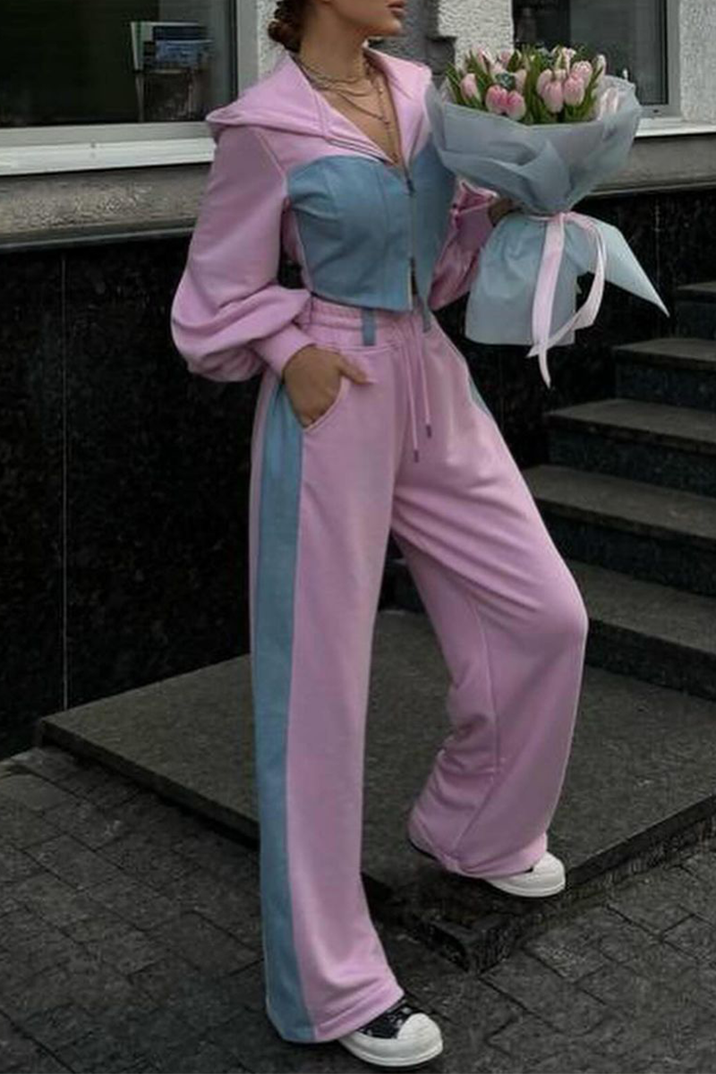 Ensemble deux pièces streetwear sport, patchwork, fermeture éclair, capuche contrastée, manches longues (3 couleurs)