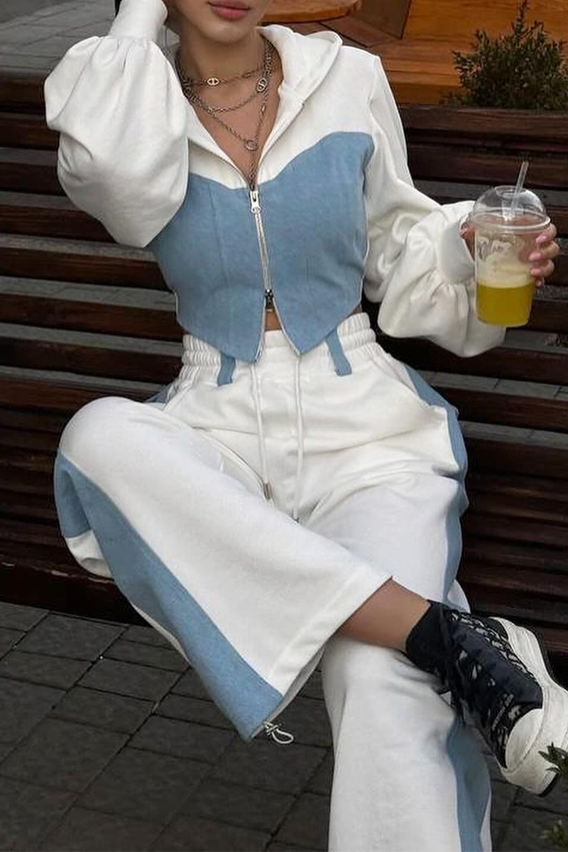 Ensemble deux pièces streetwear sport, patchwork, fermeture éclair, capuche contrastée, manches longues (3 couleurs)