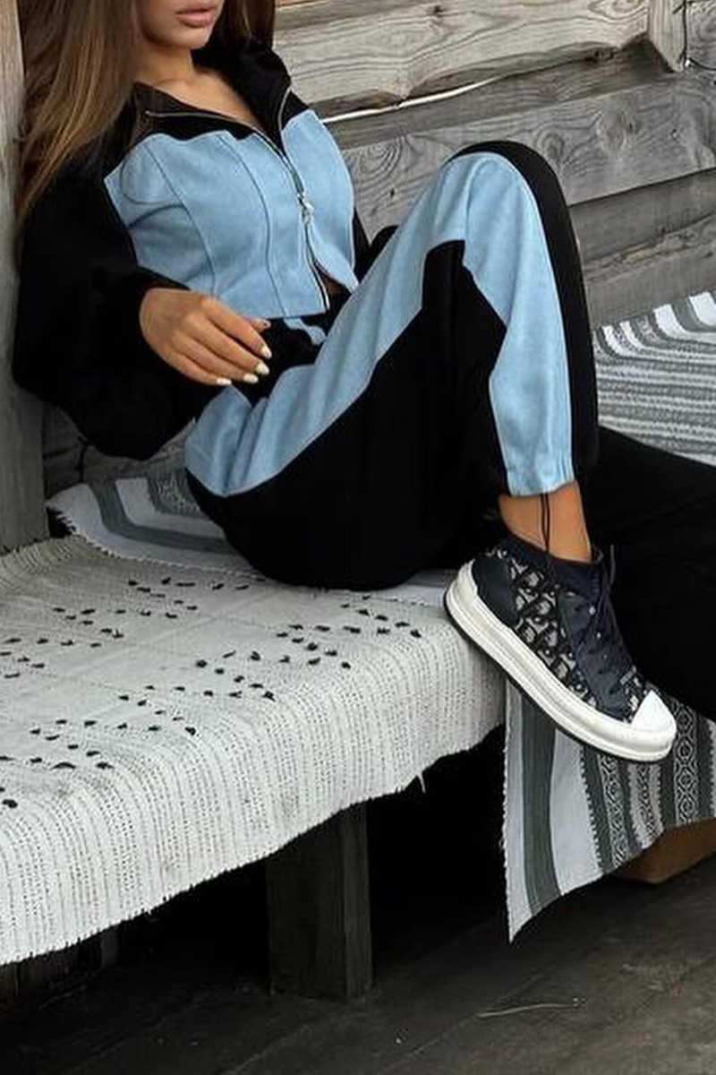 Ensemble deux pièces streetwear sport, patchwork, fermeture éclair, capuche contrastée, manches longues (3 couleurs)