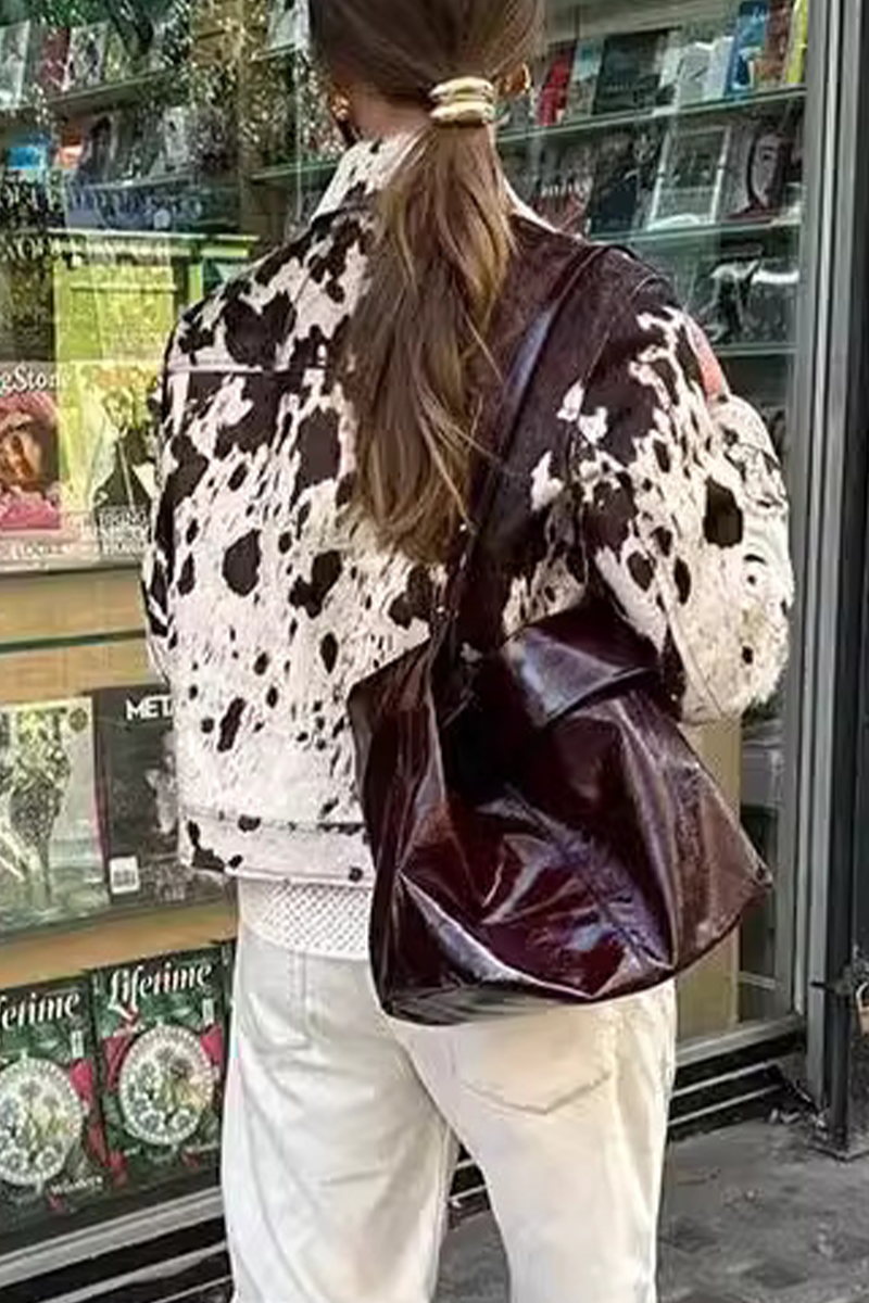 Vêtements d'extérieur décontractés à col montant contrasté, imprimé peau de serpent, avec poches.