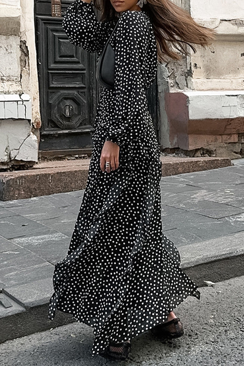 Robe-jupe portefeuille à volants, col en V, patchwork à pois, style élégant et décontracté.