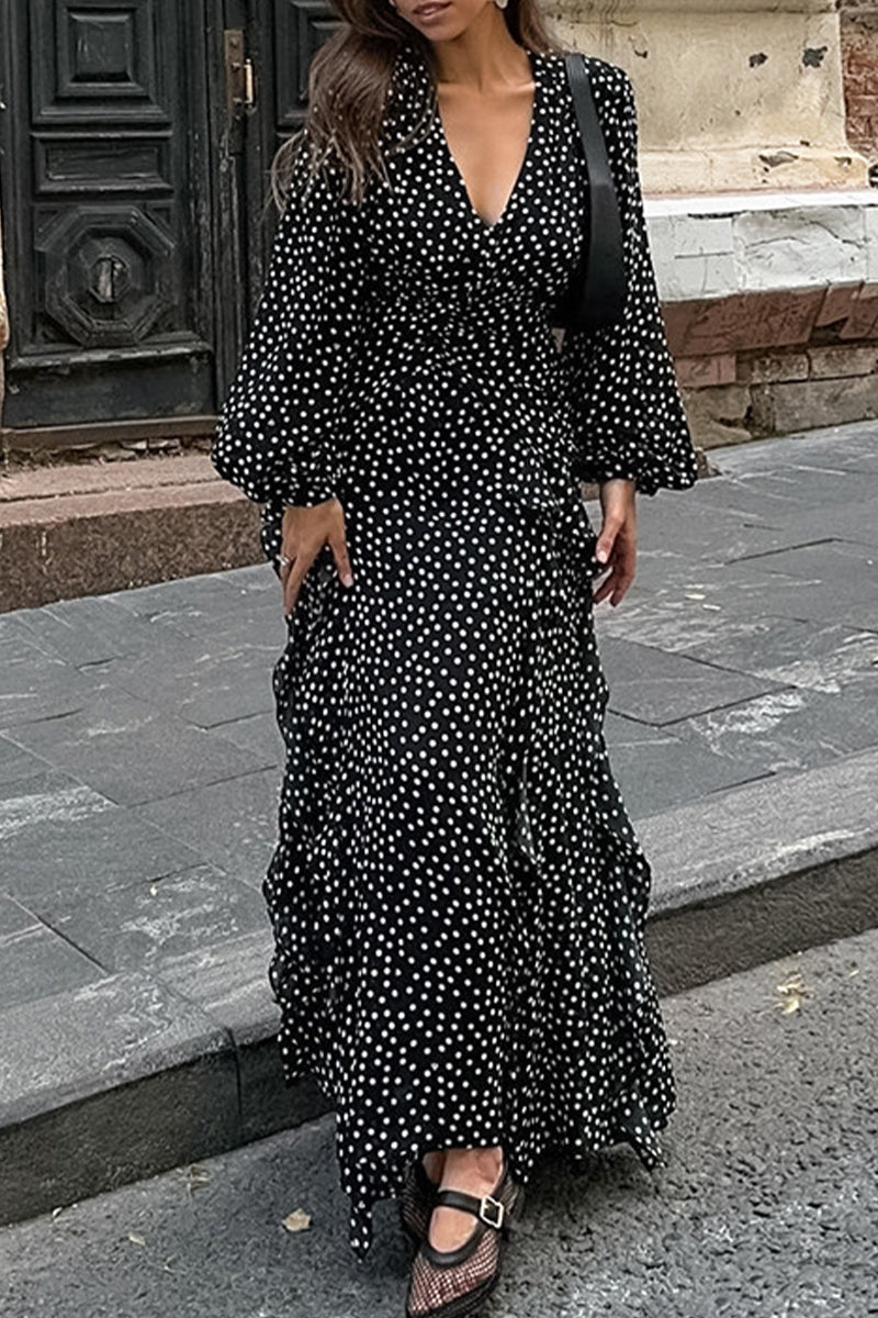 Robe-jupe portefeuille à volants, col en V, patchwork à pois, style élégant et décontracté.