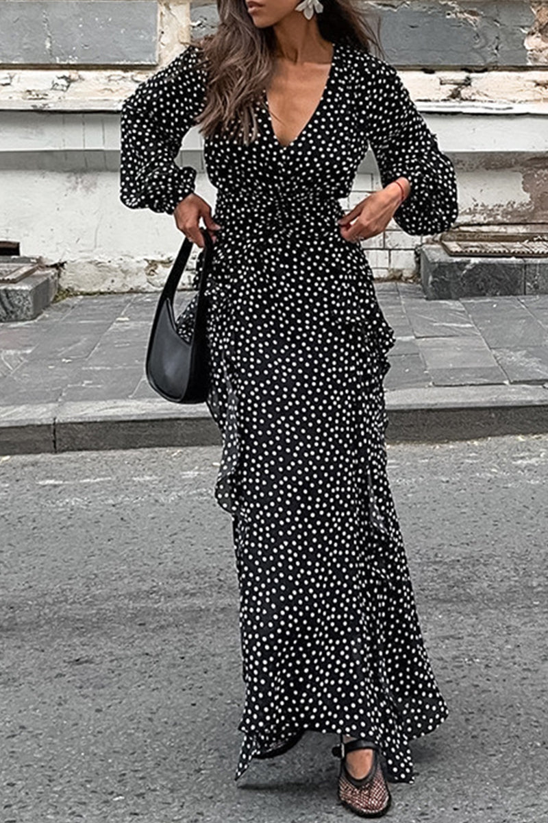 Robe-jupe portefeuille à volants, col en V, patchwork à pois, style élégant et décontracté.