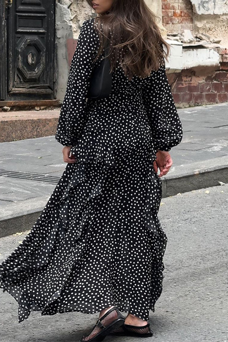 Robe-jupe portefeuille à volants, col en V, patchwork à pois, style élégant et décontracté.