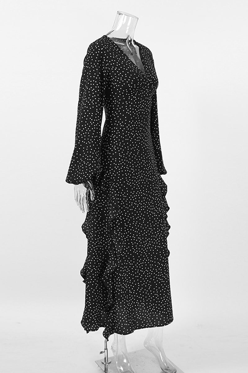 Robe-jupe portefeuille à volants, col en V, patchwork à pois, style élégant et décontracté.