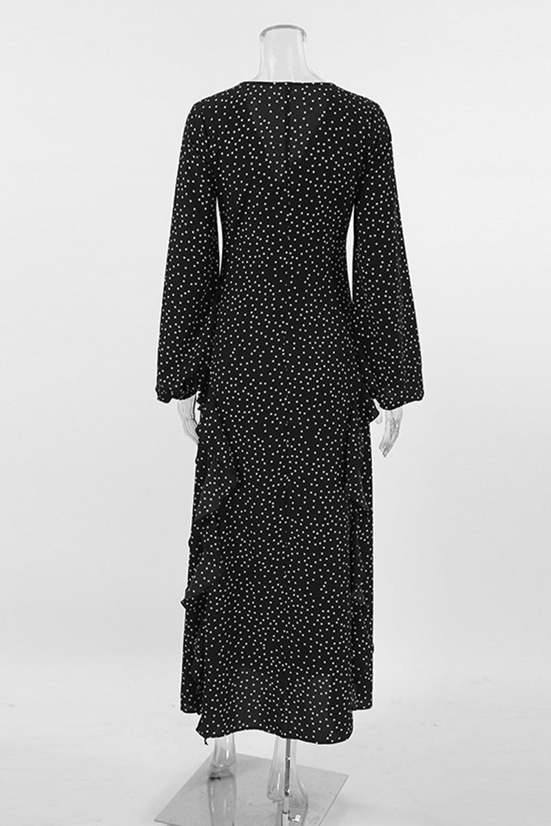 Robe-jupe portefeuille à volants, col en V, patchwork à pois, style élégant et décontracté.