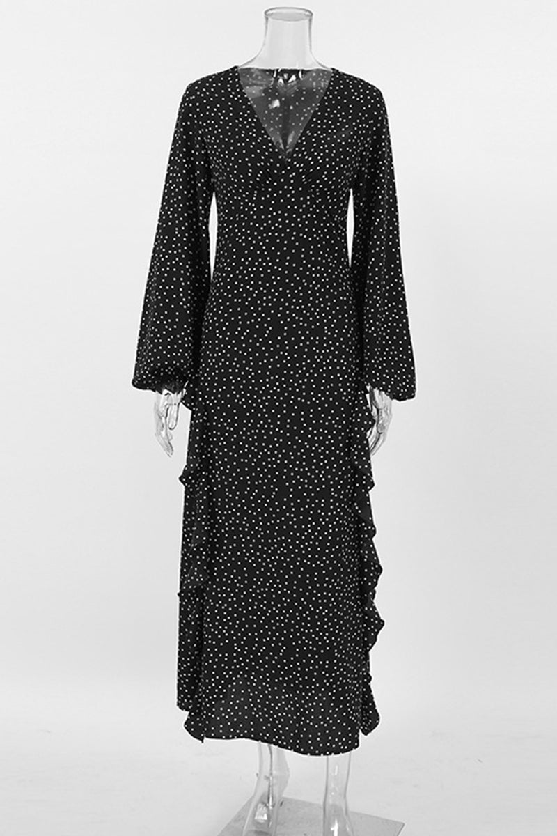 Robe-jupe portefeuille à volants, col en V, patchwork à pois, style élégant et décontracté.