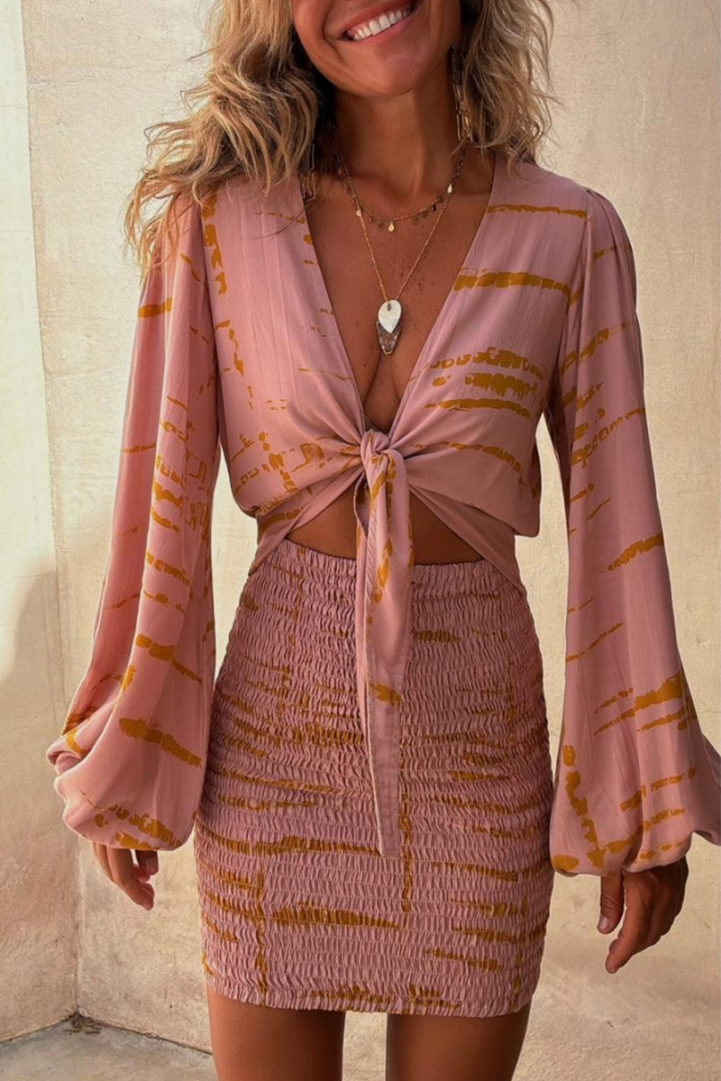 Robes-jupes sexy de vacances, imprimé géométrique, lacets, col en V contrasté, style portefeuille.