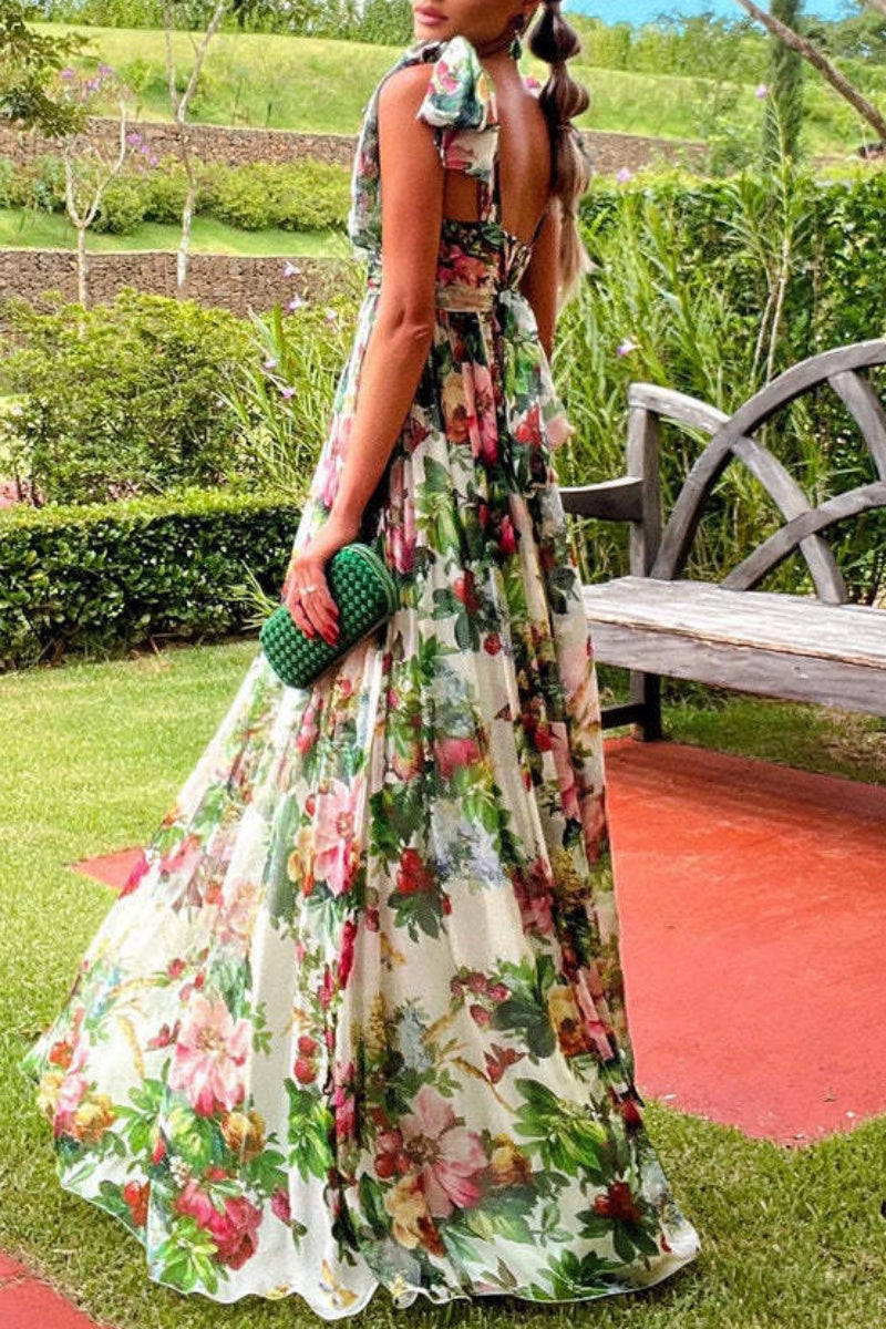 Robes longues décontractées à imprimé floral, sans dos, avec ceinture et col carré.