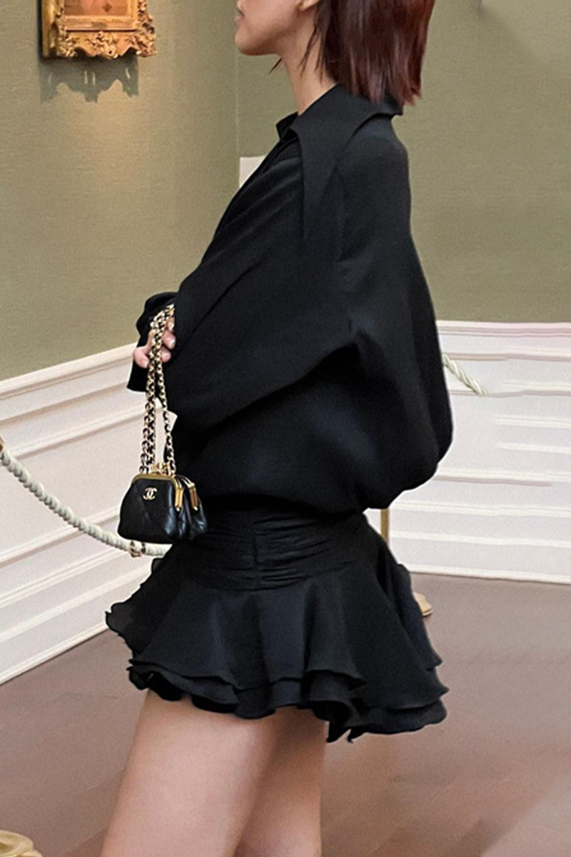 Robes-chemisiers sexy à volants, sans ceinture, à ourlet irrégulier, col rabattu (sans ceinture)