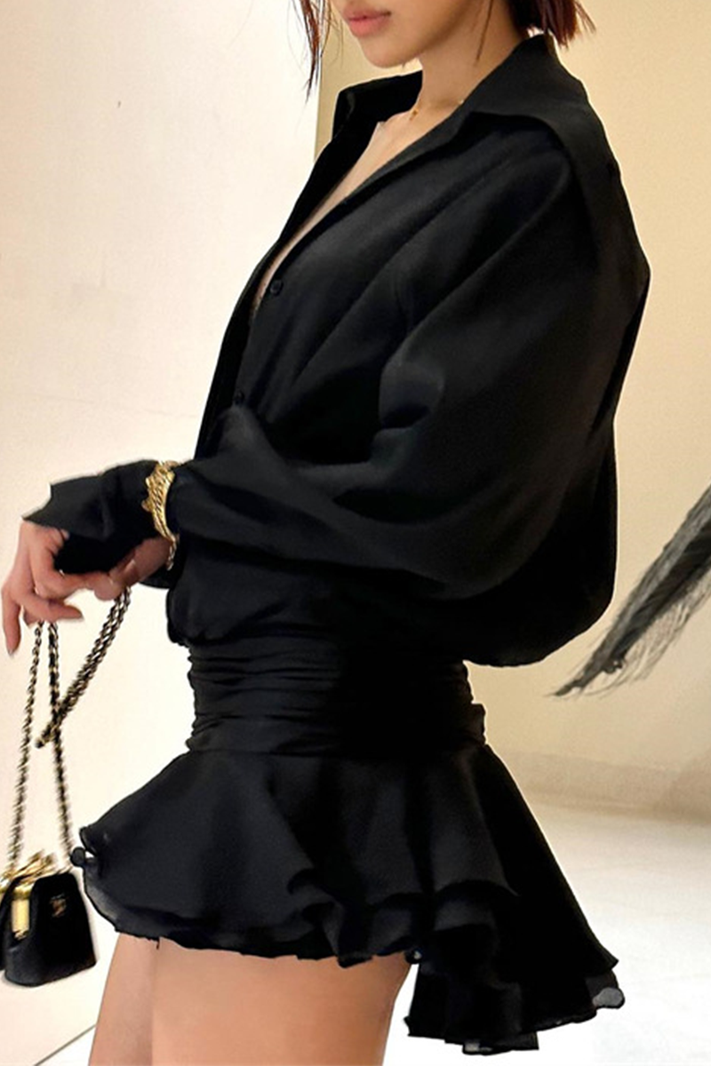 Robes-chemisiers sexy à volants, sans ceinture, à ourlet irrégulier, col rabattu (sans ceinture)