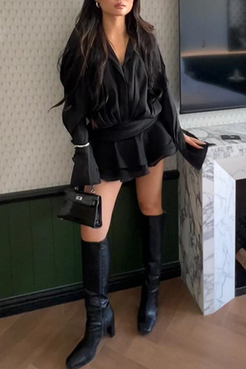 Robes-chemisiers sexy à volants, sans ceinture, à ourlet irrégulier, col rabattu (sans ceinture)