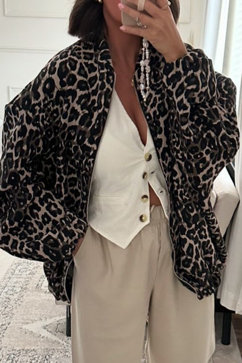 Vêtements d'extérieur décontractés style streetwear, col mandarin, patchwork léopard, fermeture éclair.