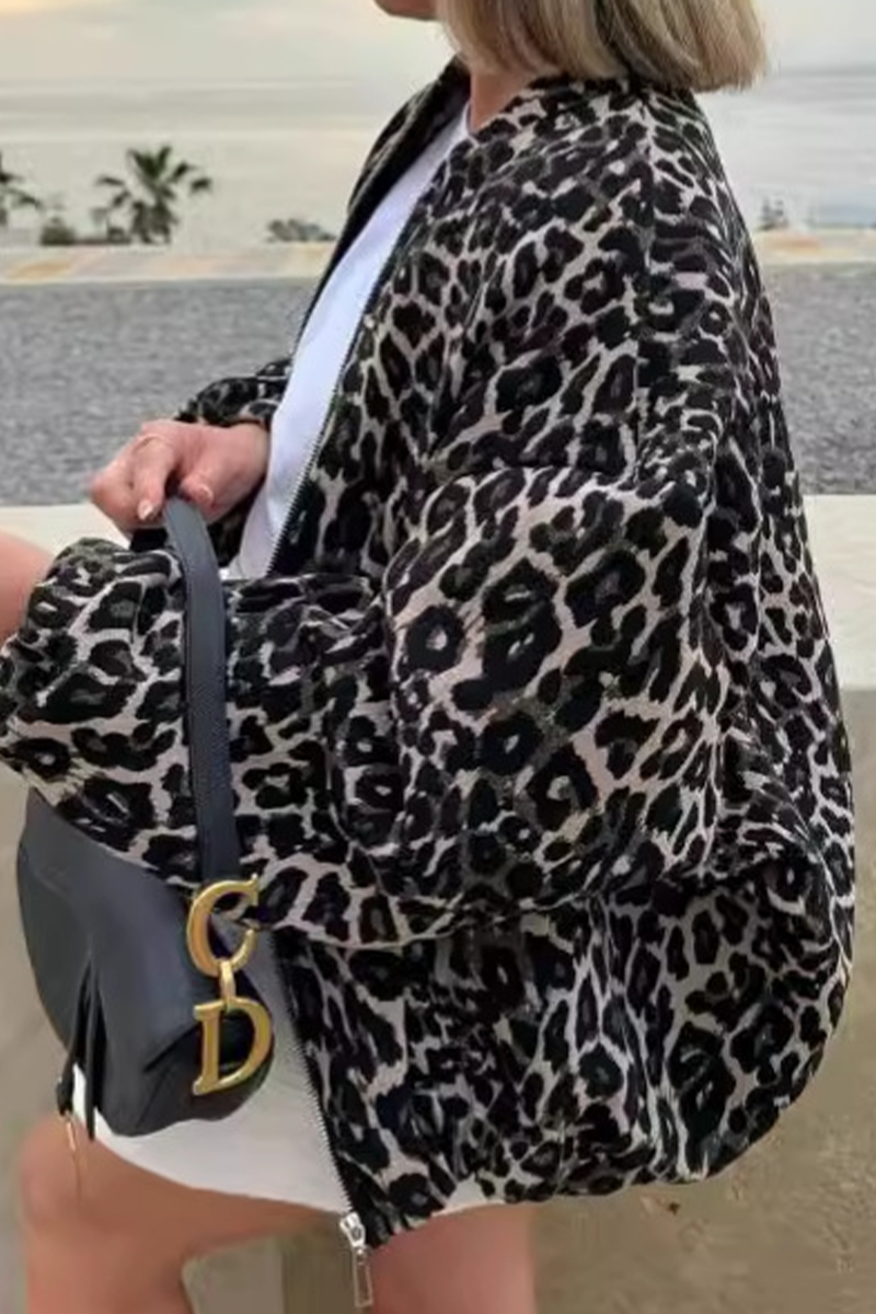 Vêtements d'extérieur décontractés style streetwear, col mandarin, patchwork léopard, fermeture éclair.