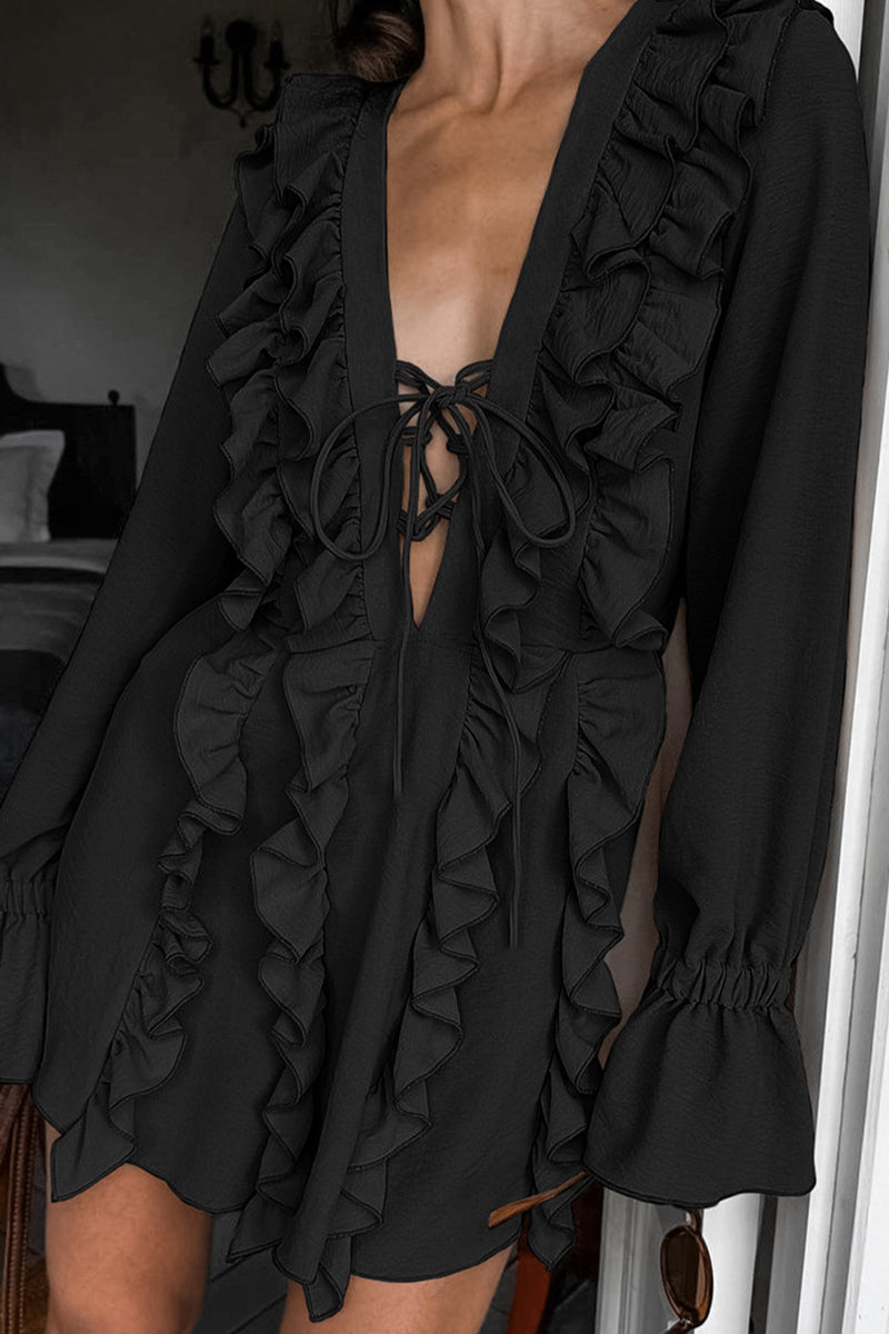 Sexy Schnürkleid mit Rüschen, V-Ausschnitt und A-Linien-Schnitt