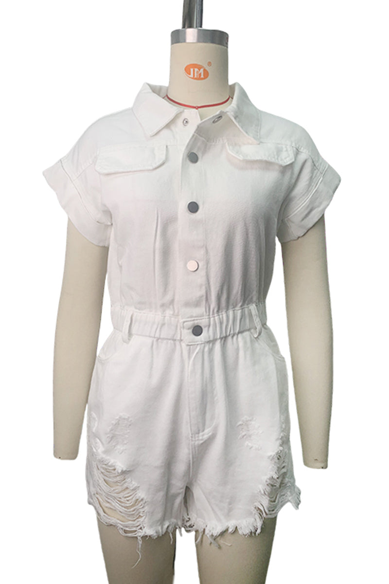 Salopette en jean délavée casual, col montant, manches courtes, taille haute, patchwork et déchirures (4 couleurs)