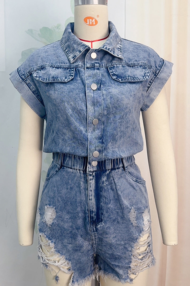 Salopette en jean délavée casual, col montant, manches courtes, taille haute, patchwork et déchirures (4 couleurs)