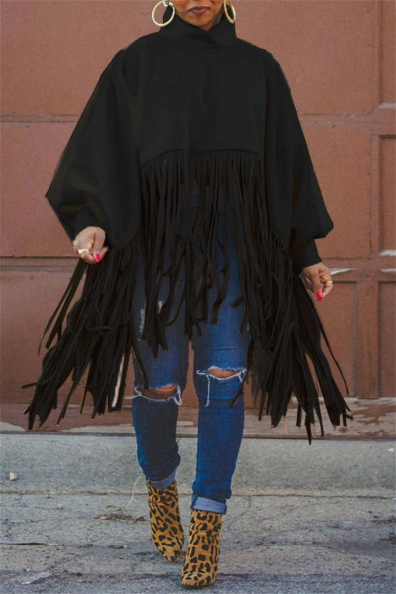 Casual Fringed Trim Turtleneck Tops