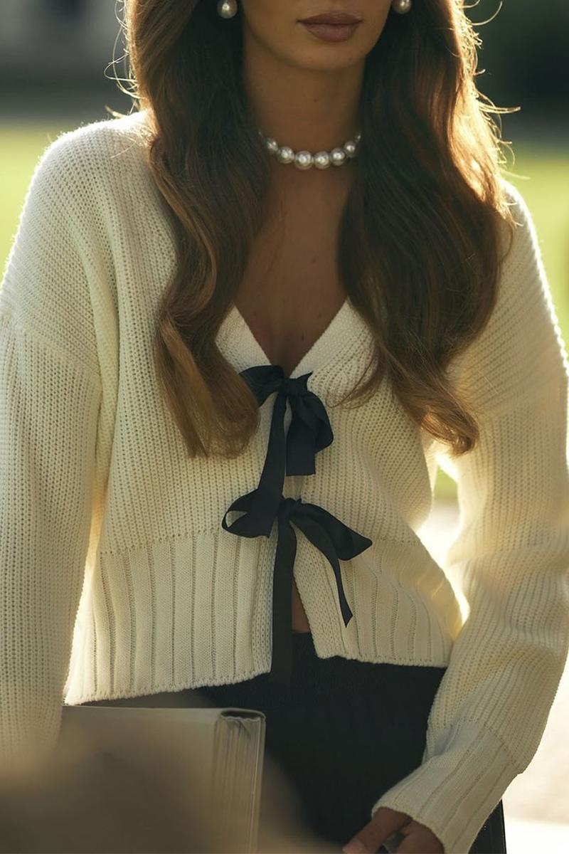 Vêtements d'extérieur casual à col en V avec nœud décoratif et tissage (3 couleurs)