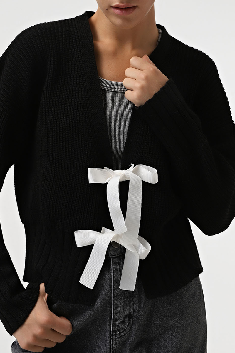 Vêtements d'extérieur casual à col en V avec nœud décoratif et tissage (3 couleurs)