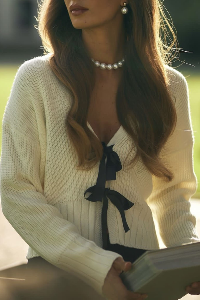 Vêtements d'extérieur casual à col en V avec nœud décoratif et tissage (3 couleurs)