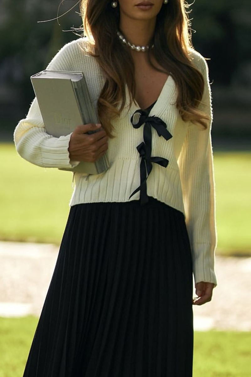 Vêtements d'extérieur casual à col en V avec nœud décoratif et tissage (3 couleurs)