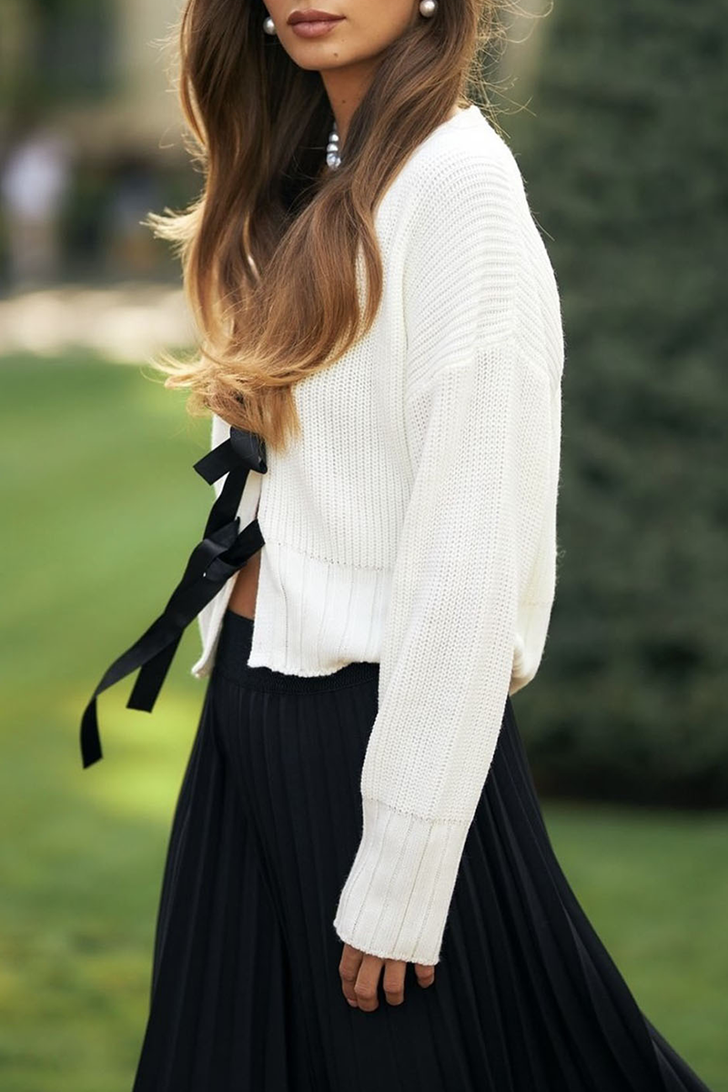 Vêtements d'extérieur casual à col en V avec nœud décoratif et tissage (3 couleurs)