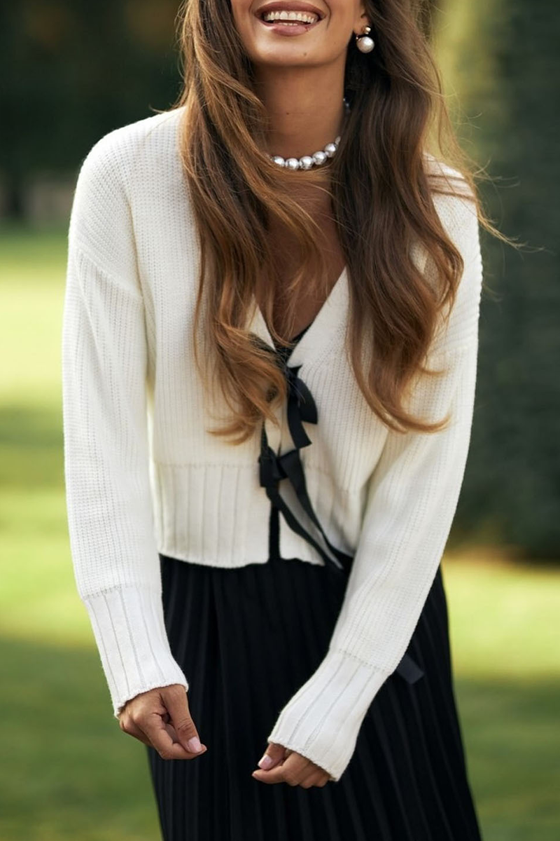 Vêtements d'extérieur casual à col en V avec nœud décoratif et tissage (3 couleurs)