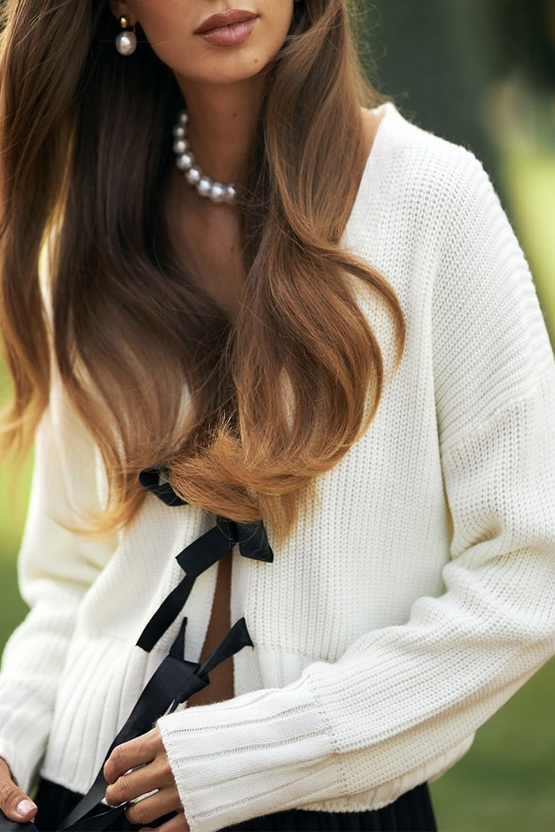 Vêtements d'extérieur casual à col en V avec nœud décoratif et tissage (3 couleurs)