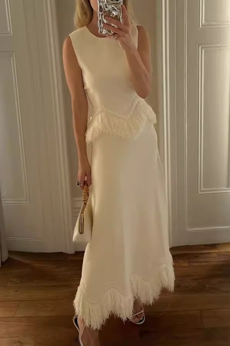 Celebrities Elegant Solid Color Fringed Trim O Neck Sleeveless Two Pieces