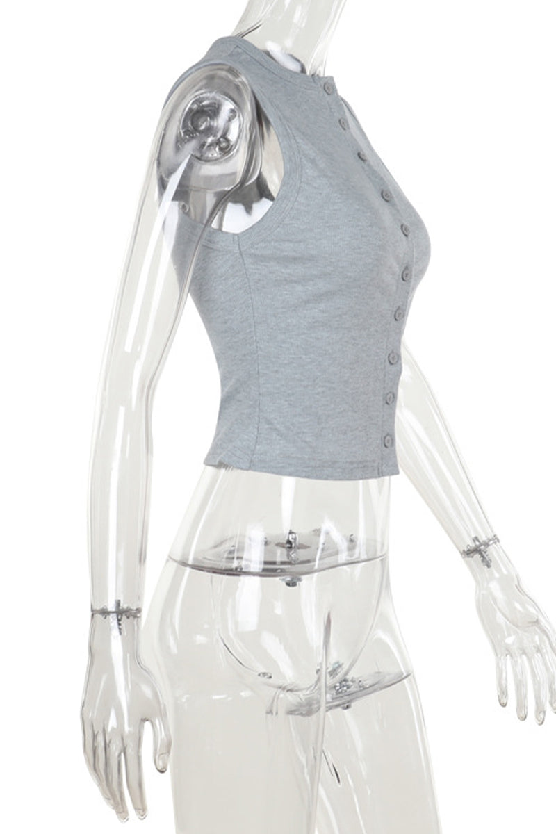 Hauts décontractés, couleur unie, boutons, col rond, pour tous les jours