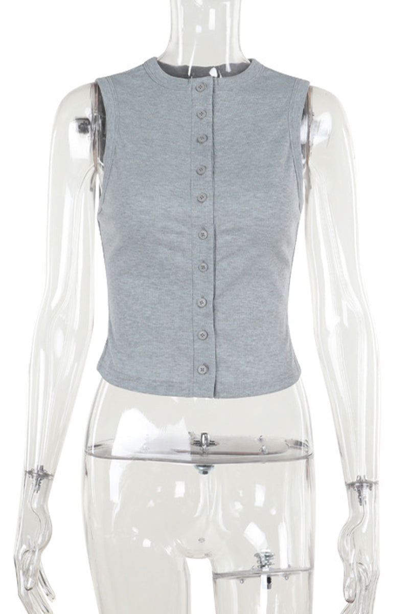 Hauts décontractés, couleur unie, boutons, col rond, pour tous les jours