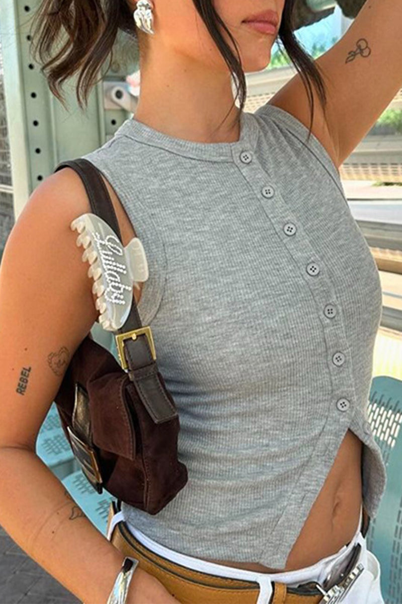 Hauts décontractés, couleur unie, boutons, col rond, pour tous les jours
