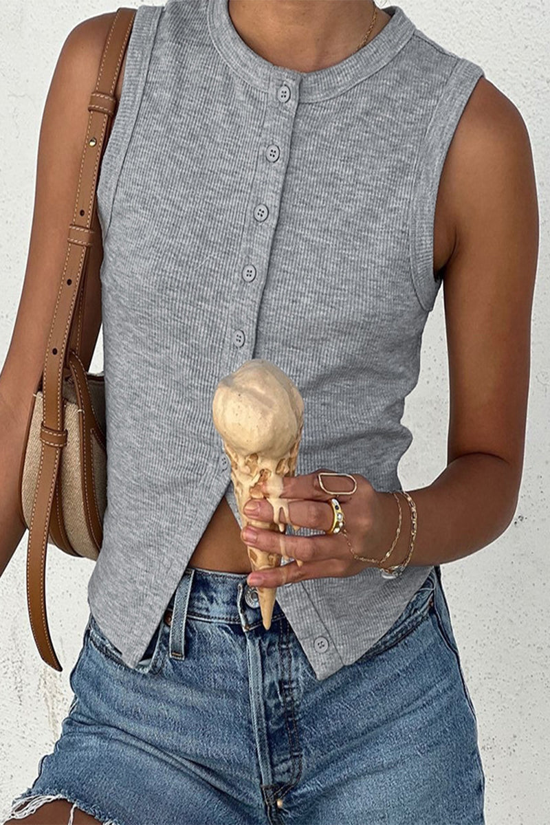 Hauts décontractés, couleur unie, boutons, col rond, pour tous les jours