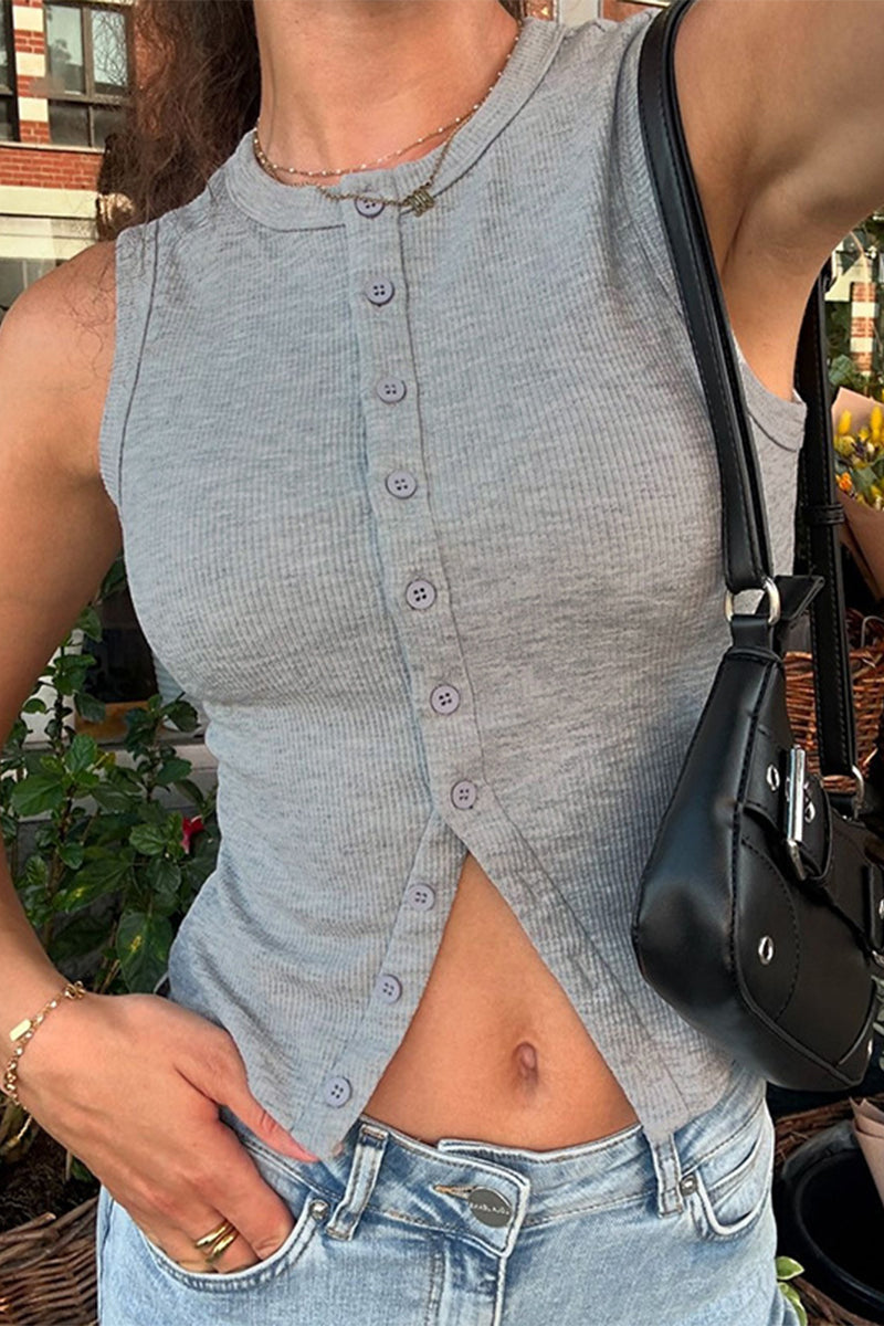 Hauts décontractés, couleur unie, boutons, col rond, pour tous les jours