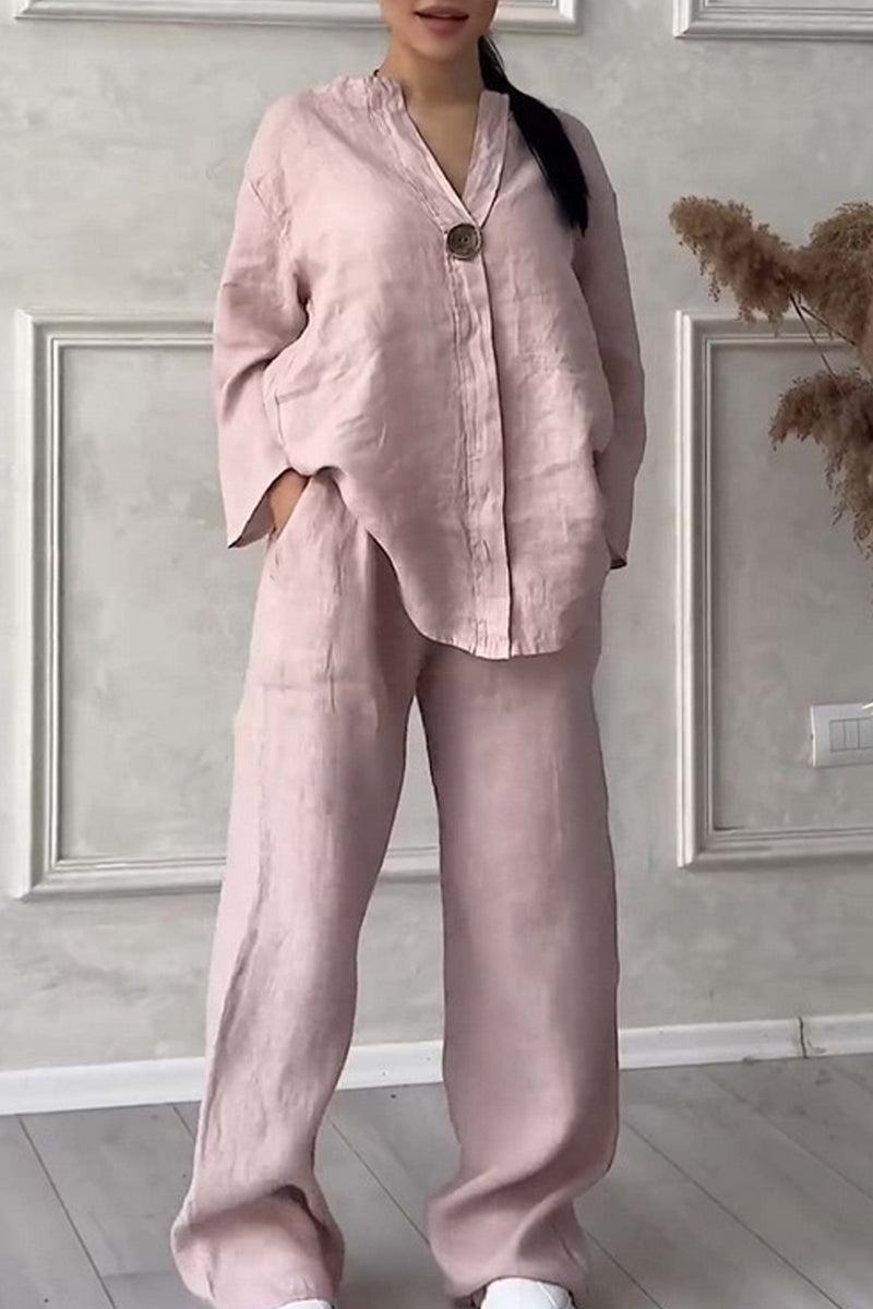 Ensemble deux pièces décontracté, col en V, manches longues (9 couleurs)