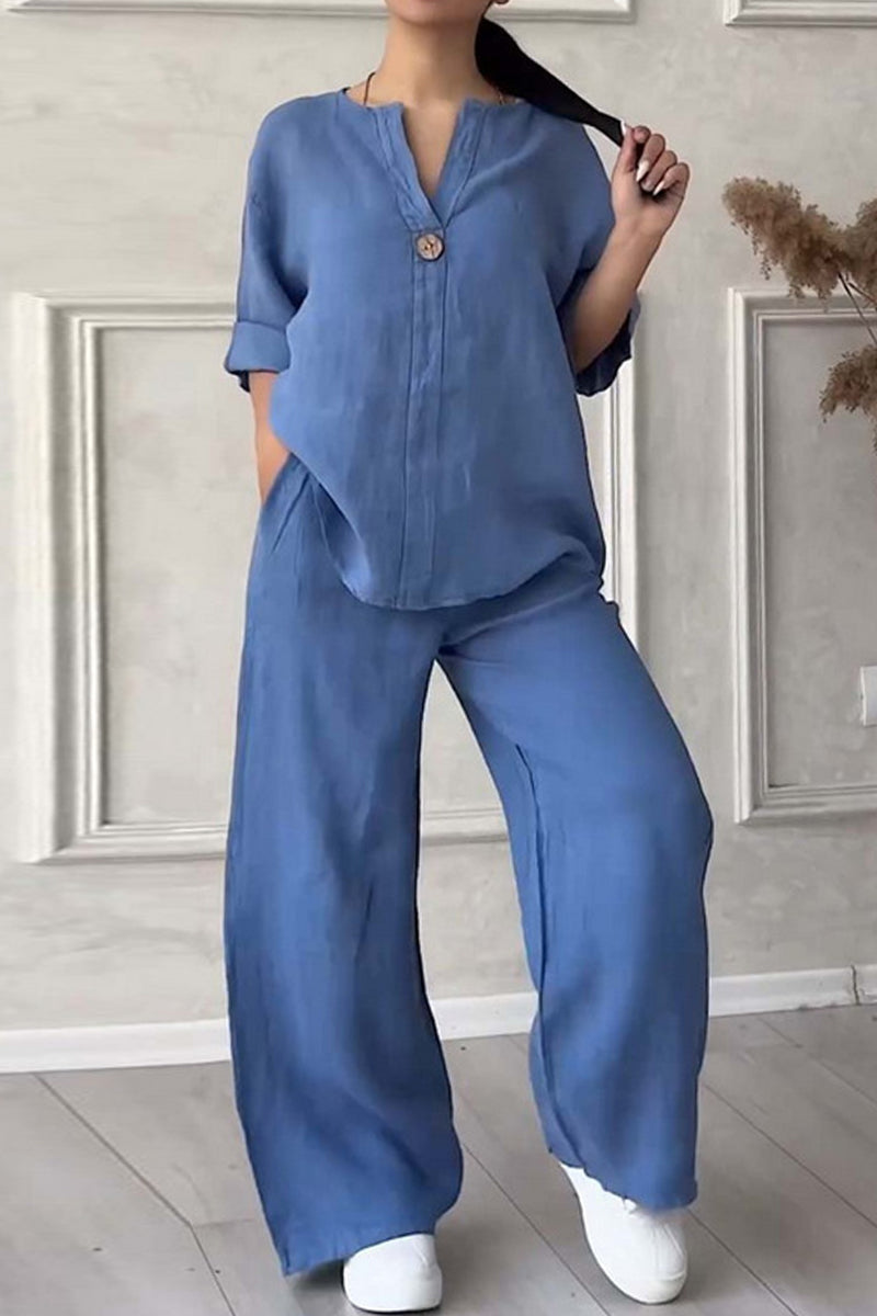 Ensemble deux pièces décontracté, col en V, manches longues (9 couleurs)