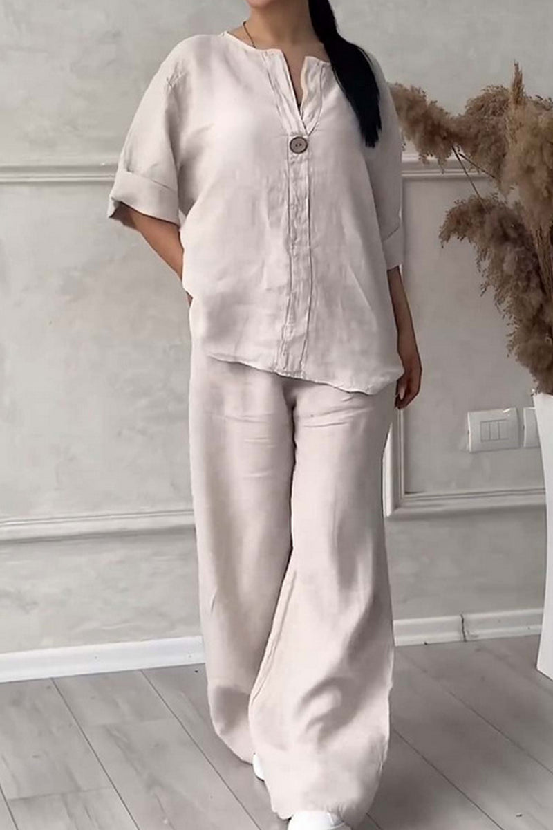 Ensemble deux pièces décontracté, col en V, manches longues (9 couleurs)