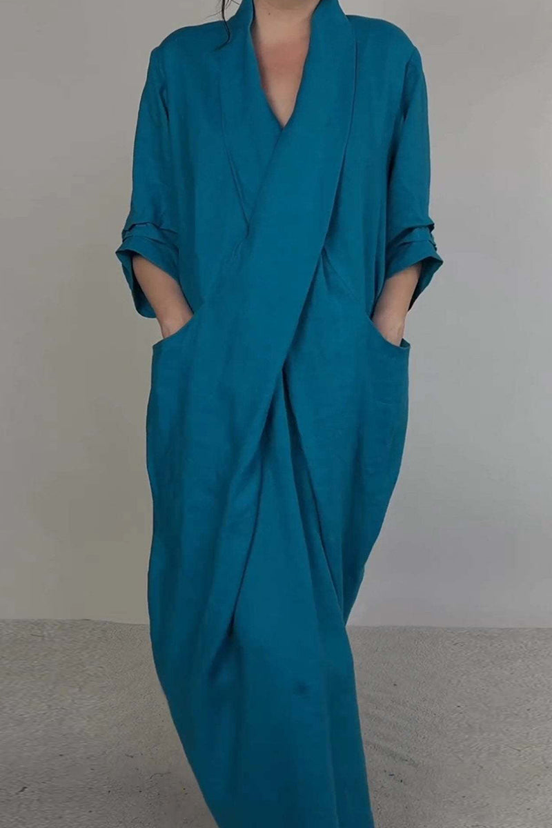 Robes longues décontractées à fente, col en V, poches et longueur irrégulière (7 couleurs)